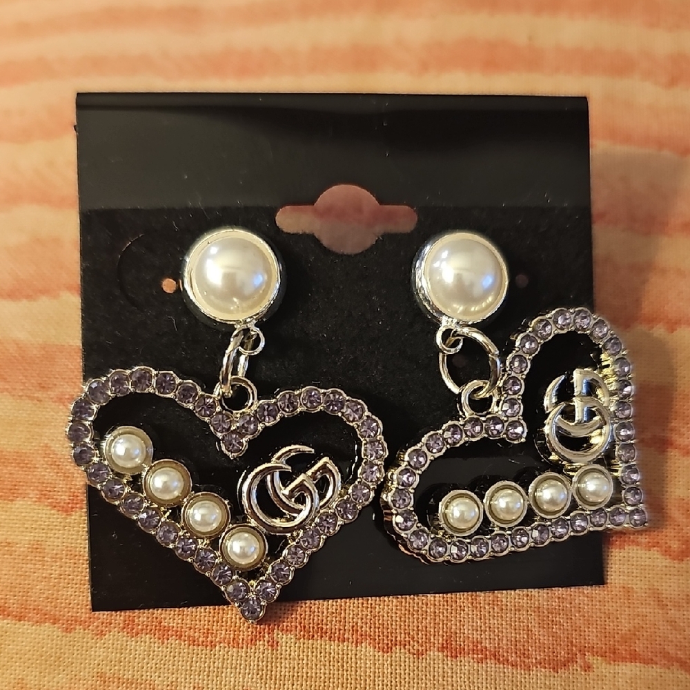 Gucci Purple Heart Drop Earrings with Pearl Accents
